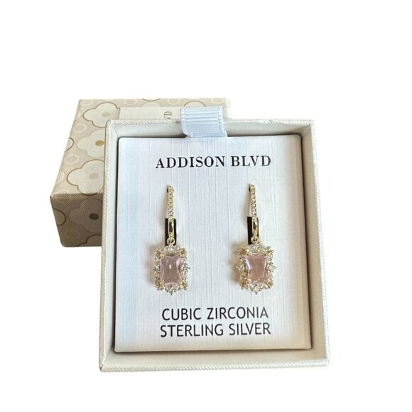NEW Addison BLVD White + Pink CZ Gold Plate 925 Sterling Silver Drop Earrings - Picture 2 of 4
